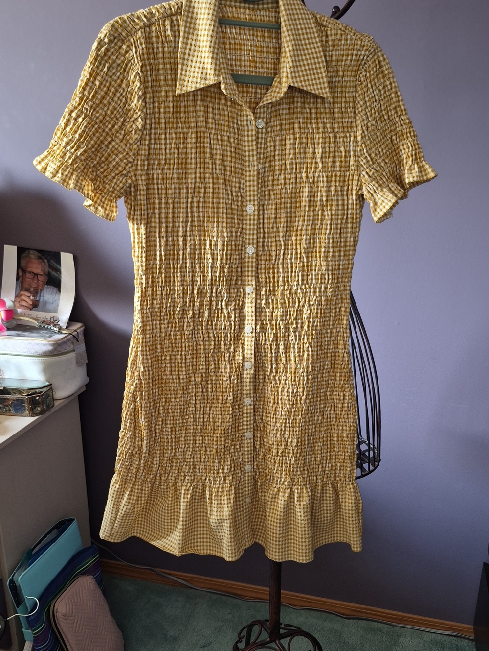 Zara Yellow Gingham Smocked Button-Front Dress